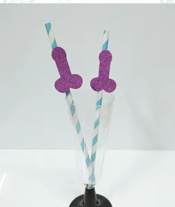 Blue striped paper straws with purple glitter party decorative novelty toppers for events.