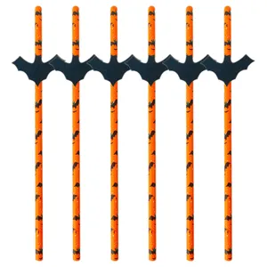 Halloween paper straws with black bat decorations, funny party drink decors for events and celebrations.