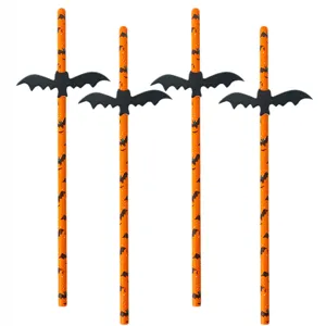 Halloween party paper drinking straws with black bat decoration spooky drink accessories 4pcs
