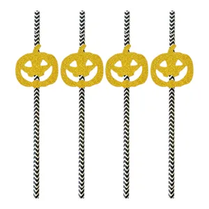 Halloween party paper drinking straws with black white chevron and glitter pumpkin decor.