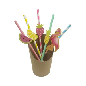 Pajitas de papel tropicales con flamenco y limón ideales para decoración de fiestas de verano.