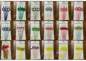 Decorative paper party straws with various holiday motifs, festive celebration sets.