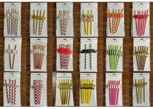 Biodegradable paper straws set, party decorative straws with cute toppers for events celebration.