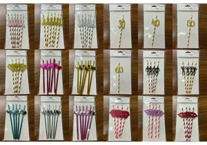 Party paper straws decorative set with various cute toppers for celebrations and birthdays.