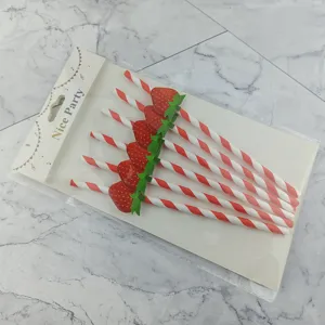 Pajitas de papel desechables con decoracion de fresa, pajitas de fiesta a rayas.