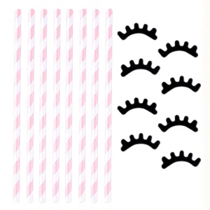 Cannucce di carta a righe rosa e set di topper per torta con ciglia nere per compleanno.