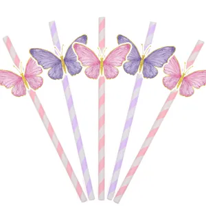 Detailed view of disposable pink and purple striped paper straws featuring watercolor butterflies.