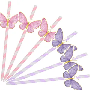 Close-up detail of disposable paper drinking straws with pink and purple butterfly party decor.