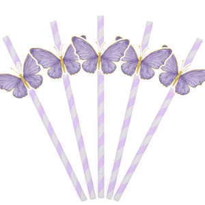 Detail view of purple striped party paper straws with elegant butterfly decorations design.