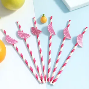Juego de pajitas de papel de limón rosa decorativas, accesorios de fiesta a rayas lindos.