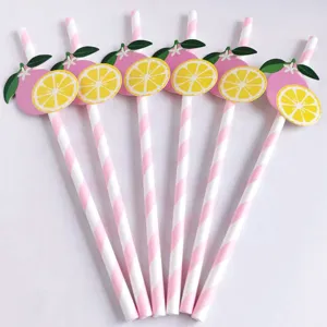Detail view of 6x197mm fruit themed lemon paper drinking straws for juice and party drinks.