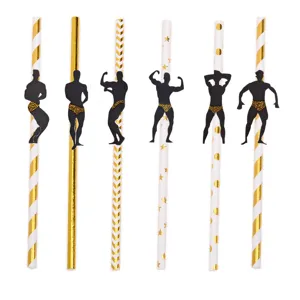 Disposable paper straws set with muscular man silhouettes, perfect for bachelorette and birthday party decor.
