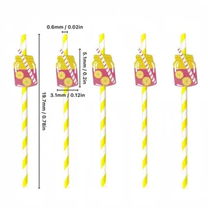 Paille en papier à rayures jaunes avec décor de bocal de citron, idéale pour les fêtes d'été.