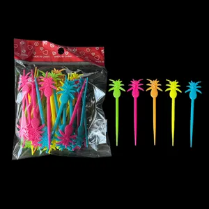 Pineapple shape plastic fruit fork detail view showing colorful disposable picks and packaging.