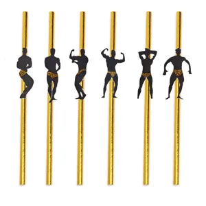 Gold paper drinking straws with muscular man silhouettes for bachelorette and birthday parties.