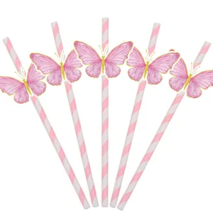 Detailed view of pink striped paper straw decorated with elegant pink butterfly for party drinks.