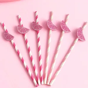 Detalle de primer plano de pajitas de papel de rayas rosa con bonitas decoraciones de cítricos.