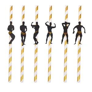 Disposable paper straws with funny muscular man silhouette design for bachelorette party decor.