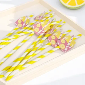 Pailles en papier avec motif de bouteille de citron et rayures jaunes pour fete details