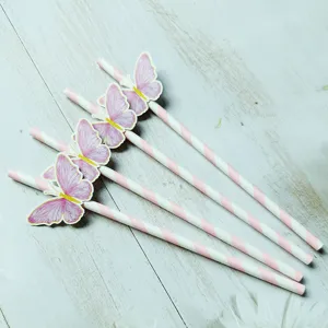 Disposable pink butterfly paper drinking straws with stripes for party decoration and events