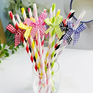 Creative Striped Paper Drinking Straws With Plaid Bow Party Decoration Dessert Table Birthday Supplies