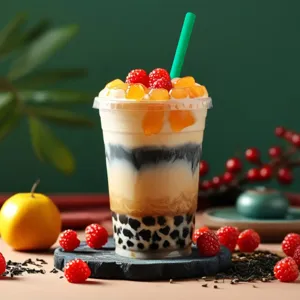 Vista di dettaglio di bicchiere di plastica per bubble tea con cannuccia larga per bevande.