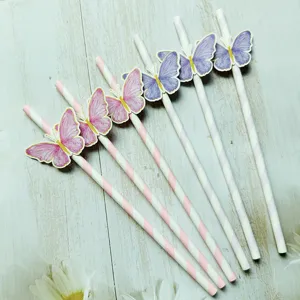 Pink purple butterfly paper drinking straws party drink decoration cute stylish straws set