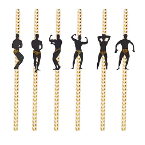 Gold chevron paper straws with fun muscular man silhouettes, ideal for bachelorette party decor.
