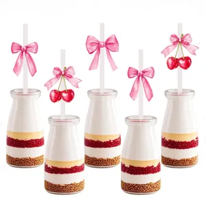 White Paper Straws With Cherry Bow Party Decoration Disposable Drinking Straws For Birthday Wedding Celebration