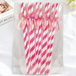 Pajitas de papel a rayas con lazo rosa ecológicas biodegradables para fiestas