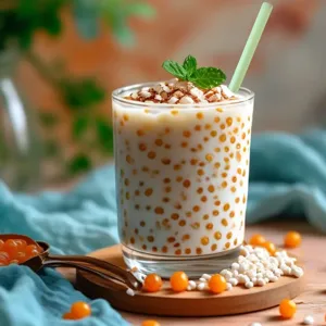 Detail shot of a light green thick straw in a delicious bubble tea setup with tapioca pearls.