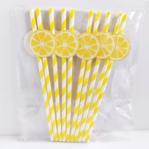 Yellow striped paper straws with lemon slice decorations, perfect for party and event supplies.