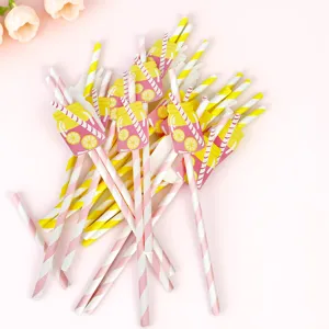Pailles en papier citron de fête d'été 6x197mm pailles à boire jetables rayées pour boissons.
