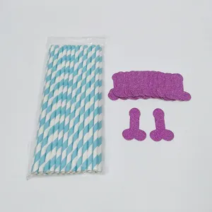Blue striped paper straws and purple glitter confetti set for fun party decorations 25pcs