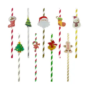 Weihnachts Papierstrohhalm Detailansicht mit niedlichem Cartoon Topper für schöne Feiern.