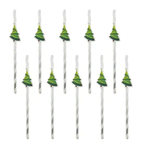 Nahaufnahme von festlichen Papier Trinkhalmen mit niedlichen Weihnachtsbaum-Motiven.