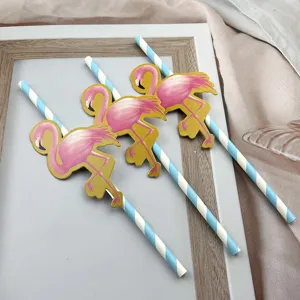 Detailed close-up view of summer party flamingo paper straws with blue striped design.