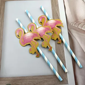 Flamingo paper straws detail view, summer party decoration drinkware, eco-friendly table setup