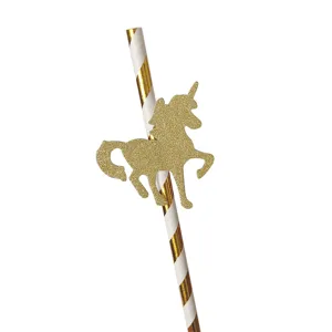 Pajitas de papel de unicornio dorado para decoración de fiestas biodegradables