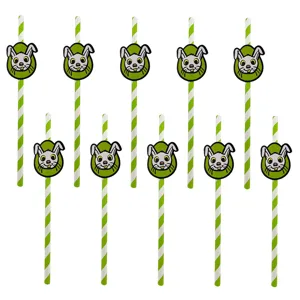 10 Pzas Pajitas de Papel Decorativas de Conejo de Pascua Rayadas Verde Blanco Fiestas