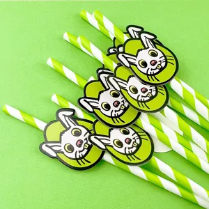 Pajitas de papel conejo de Pascua detalle, rayas verde y blanco ecológicas para fiestas