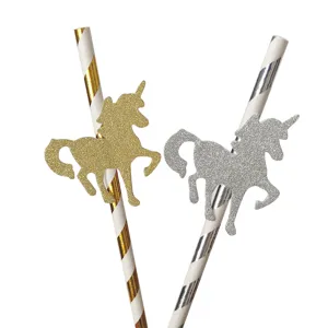 Pajitas de papel de unicornio con purpurina dorada y plateada para fiesta ecologicas