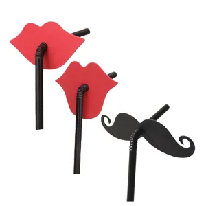 Creative party drinking straws with fun red lips and black mustache designs for events.
