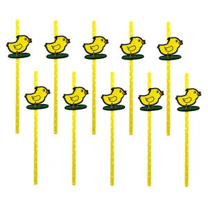 Set de 10 pajitas de papel de lunares amarillos con bonitas decoraciones de patito amarillo.