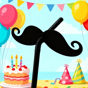 Black mustache novelty drinking straw detail view for party celebration and funny events.