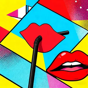 Creative funny red lips party straw with vibrant pop art geometric background design for events.