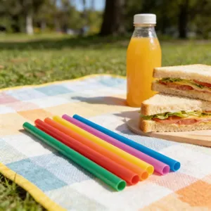 Cannucce di plastica colorate in primo piano su tappeto da picnic per bevande rinfrescanti.