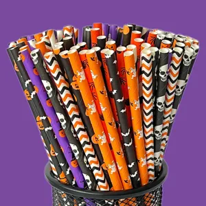 Halloween paper straws set, assorted pumpkin skull bat designs, eco-friendly party drinkware.
