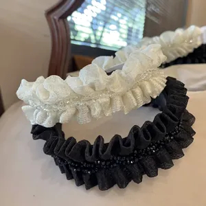 Korean sweet pleated headband with delicate crystals, elegant hair accessory for women.