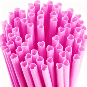 Pink heart-shaped plastic drinking straws, durable PP material, creative party drink accessories.